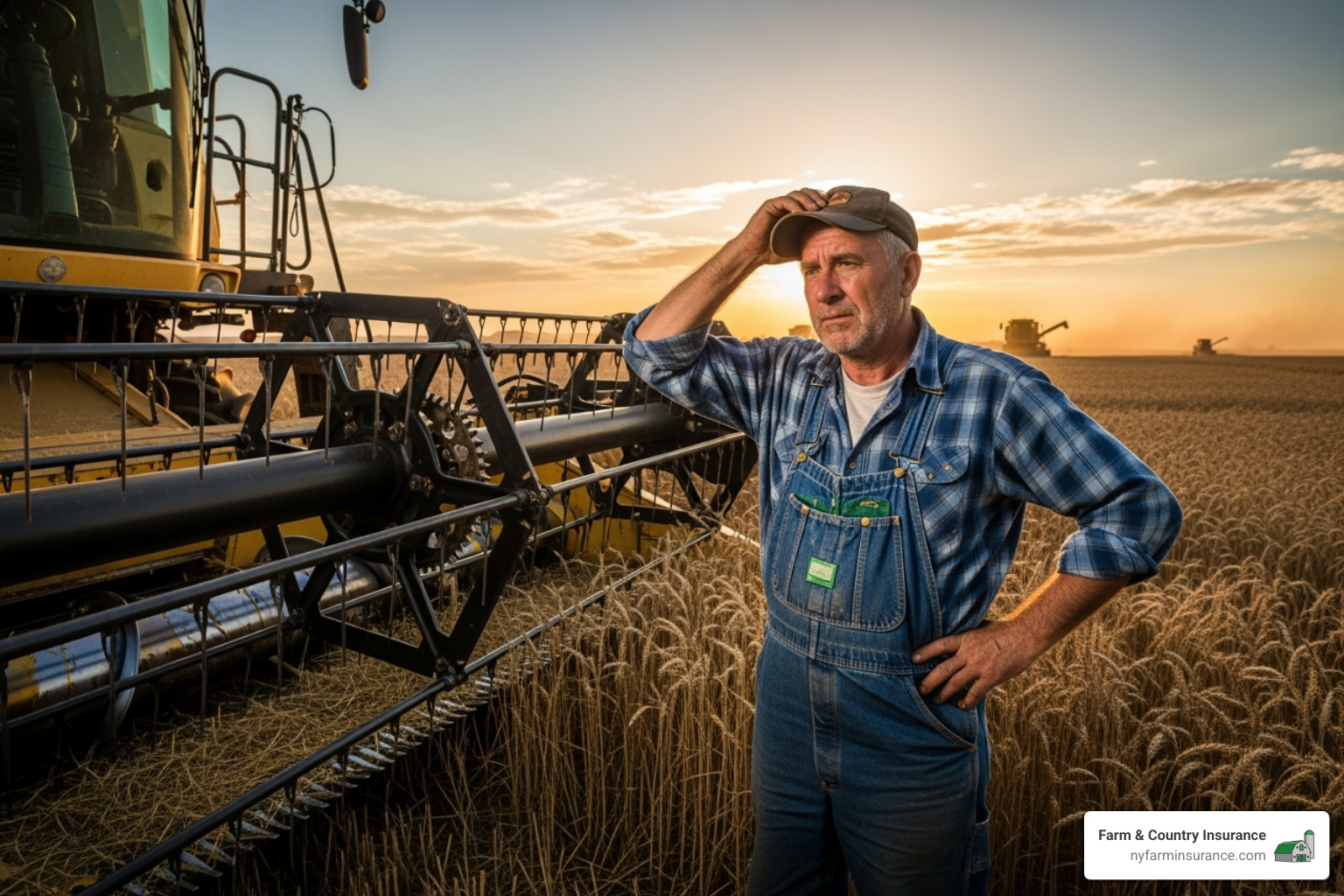 A farmer looking concerned at a broken-down combine during harvest - farm equipment breakdown insurance