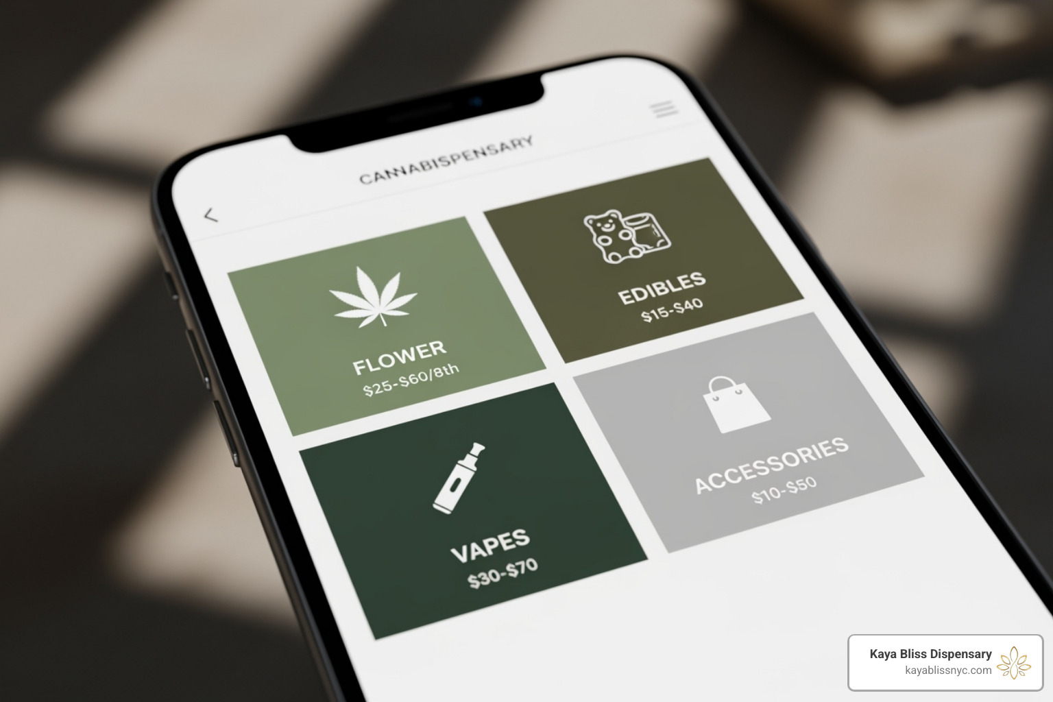 A smartphone screen showing a sleek, easy-to-steer dispensary website menu with product categories and prices. - delivery dispensary near me