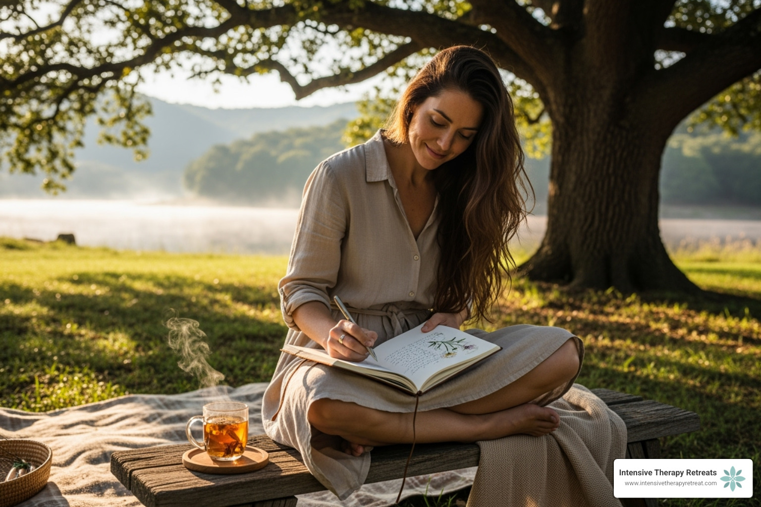 woman journaling peacefully outdoors - mental health healing retreats for women