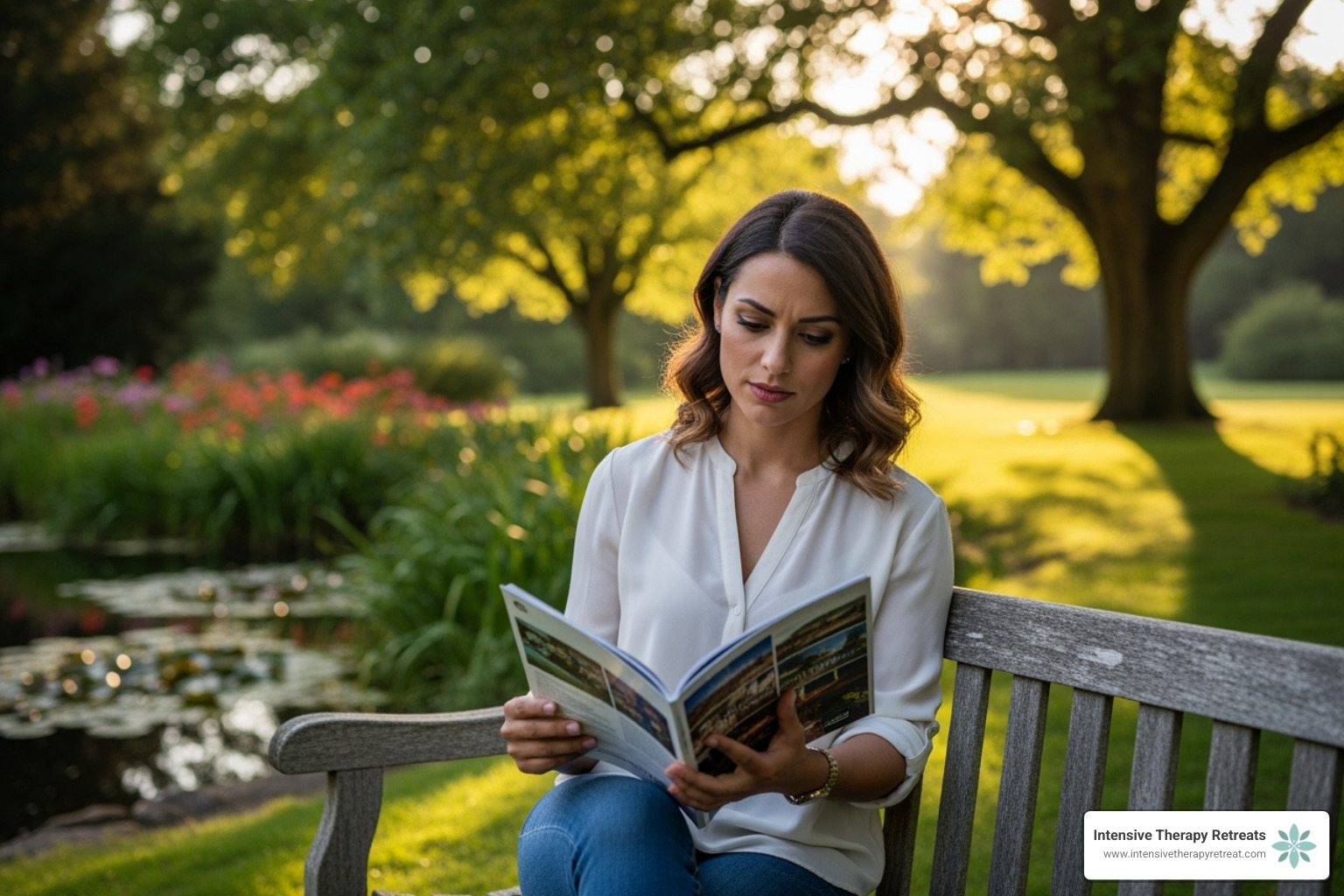 woman looking thoughtfully at a brochure in a tranquil setting - mental health healing retreats for women