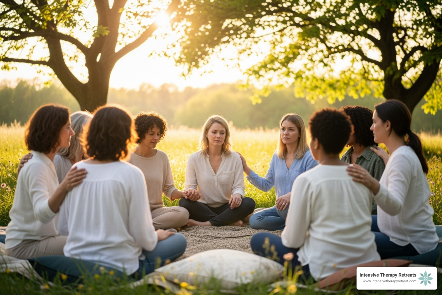 diverse group of women in a supportive group circle - mental health healing retreats for women