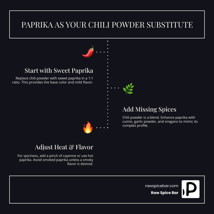 Comprehensive guide showing paprika as chili powder substitute with measurement ratios, flavor additions needed, and when to use different types of paprika - paprika chili powder substitute infographic infographic-line-3-steps-dark