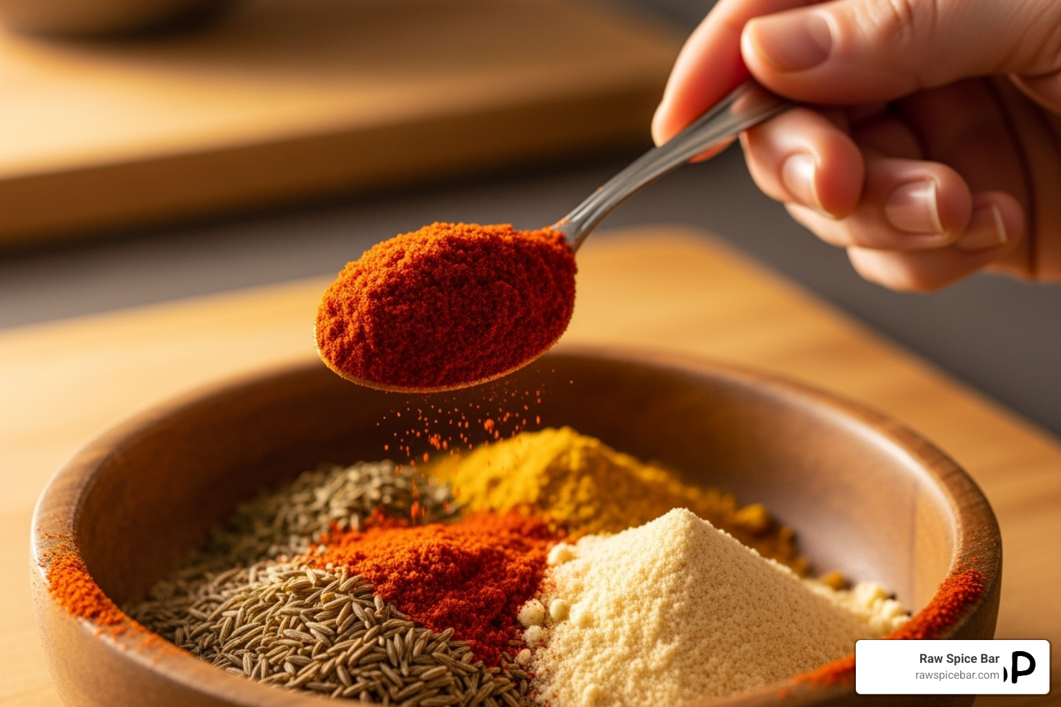 a hand measuring out paprika into a bowl with other spices like cumin and garlic powder - paprika chili powder substitute