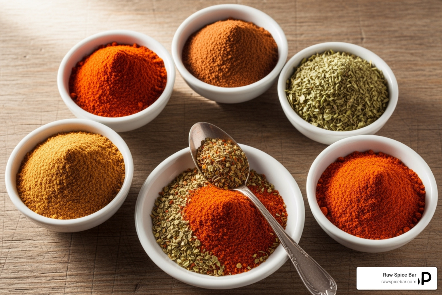 small bowls containing individual spices (paprika, cumin, oregano, cayenne) ready to be mixed - paprika chili powder substitute