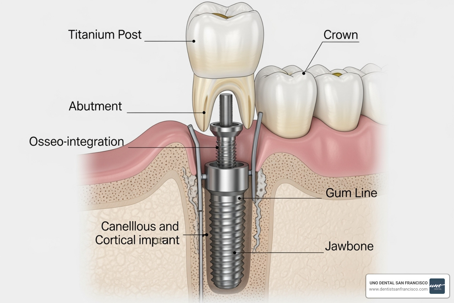 Diagram showing the structure of a dental implant, including the titanium post, abutment, and crown - restorative dentistry
