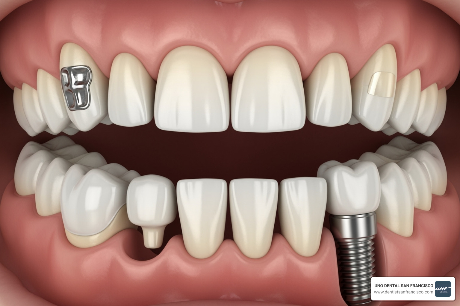 Dental chart showing different types of dental restorations highlighted on various teeth - restorative dentistry