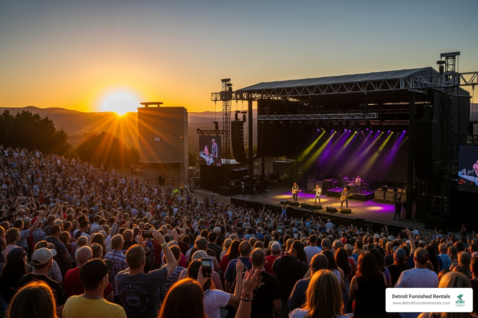 summer concert at Pine Knob Music Theatre at sunset - Detroit live music venues
