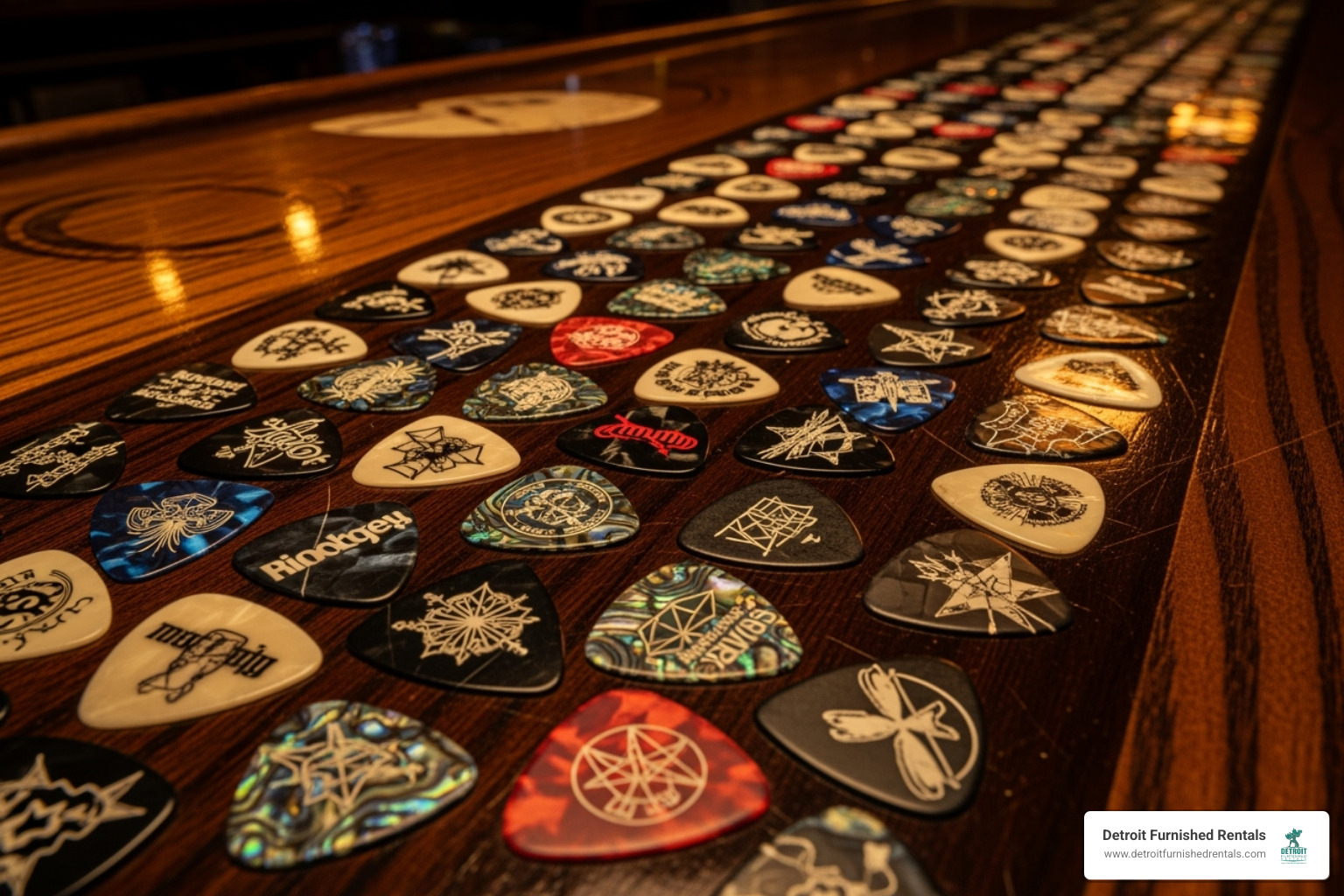 iconic bar top with embedded guitar picks at PJ's Lager House - Detroit live music venues