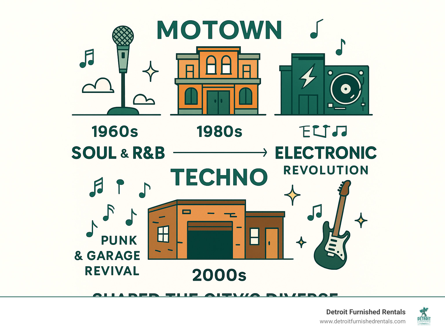 Infographic showing Detroit's music heritage from Motown soul and R&B in the 1960s to techno's electronic revolution in the 1980s, plus rock city's punk and garage revival in the 2000s, illustrating how these genres shaped the city's diverse venue landscape - Detroit live music venues infographic 