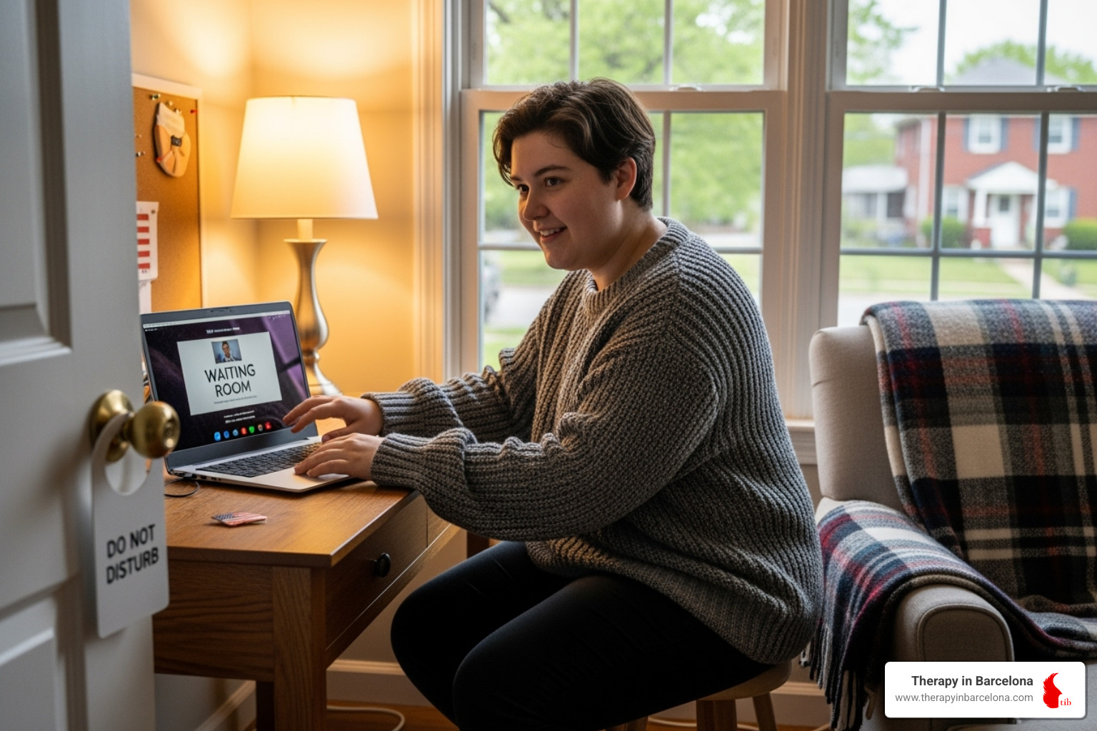 A person setting up their laptop for a therapy session in a comfortable, private room - online therapy Spain