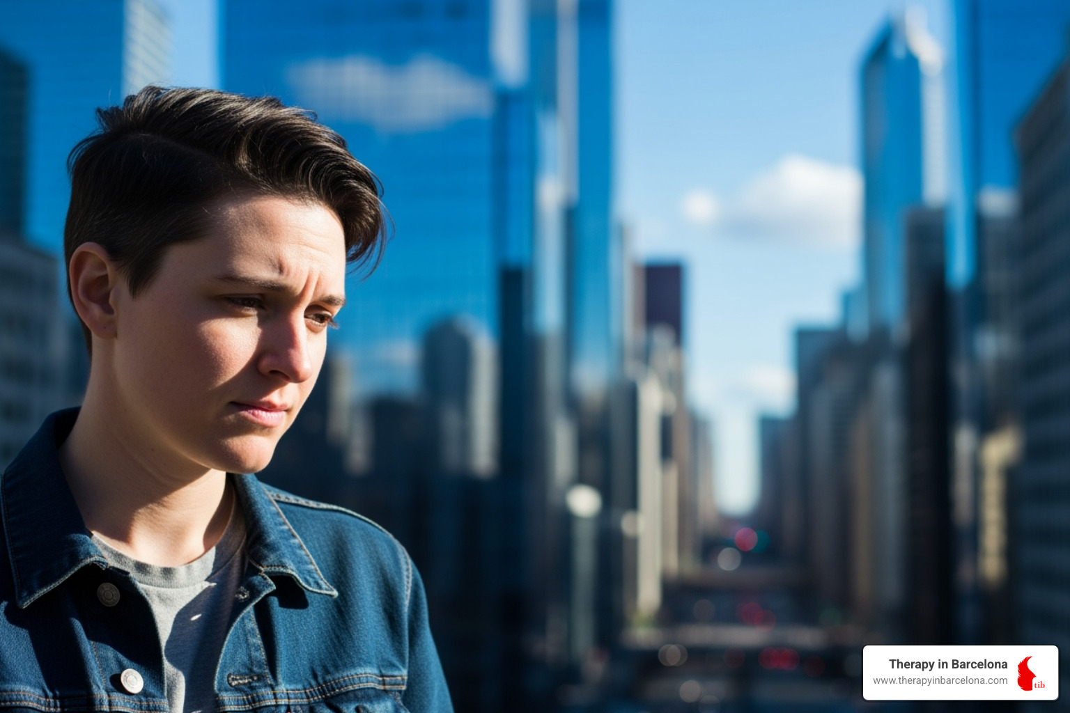A person thoughtfully considering a question, with a blurred background of a Spanish city like Madrid or Valencia. - online therapy Spain