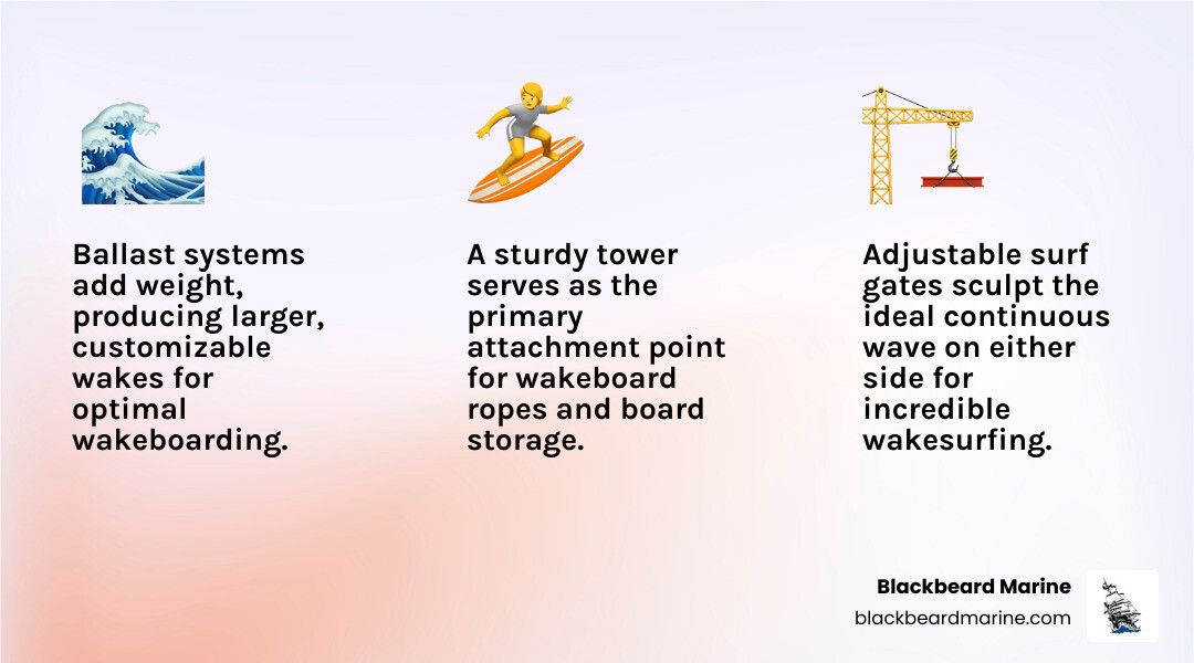 Infographic detailing the key features of a modern wake/surf boat: a ballast system for adding weight to create larger wakes, adjustable surf gates on either side of the hull to shape the wake for surfing, and a sturdy tower for attaching ropes for wakeboarding and storing boards - wakeboard boat dealers in oklahoma infographic 3_facts_emoji_light-gradient
