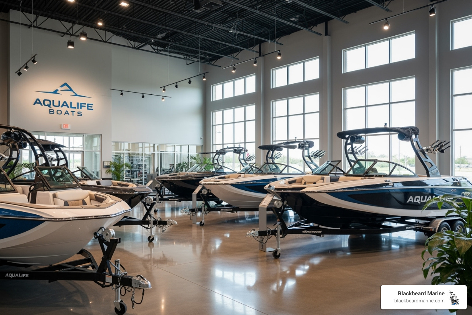 Blackbeard Marine’s showroom with multiple boats - wakeboard boat dealers in oklahoma