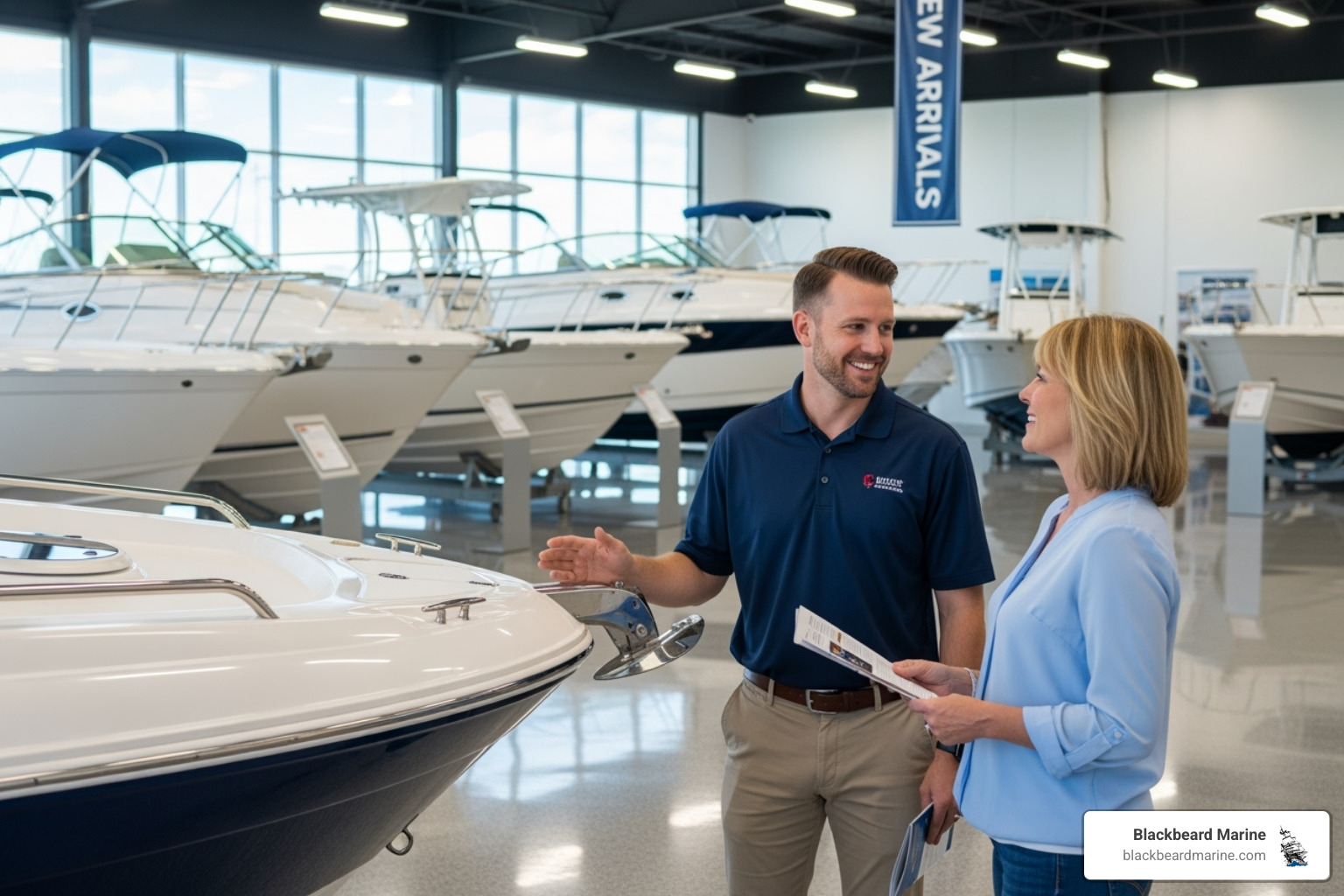 Friendly Blackbeard Marine sales team talking to a customer in a boat showroom - wakeboard boat dealers in oklahoma