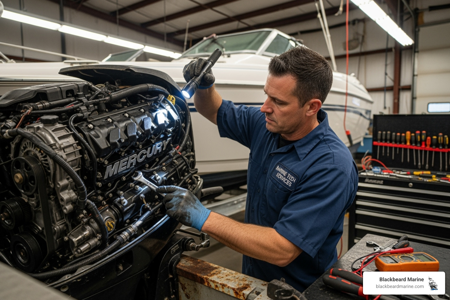 Technician inspecting a used boat's engine - wakeboard boat dealers in oklahoma