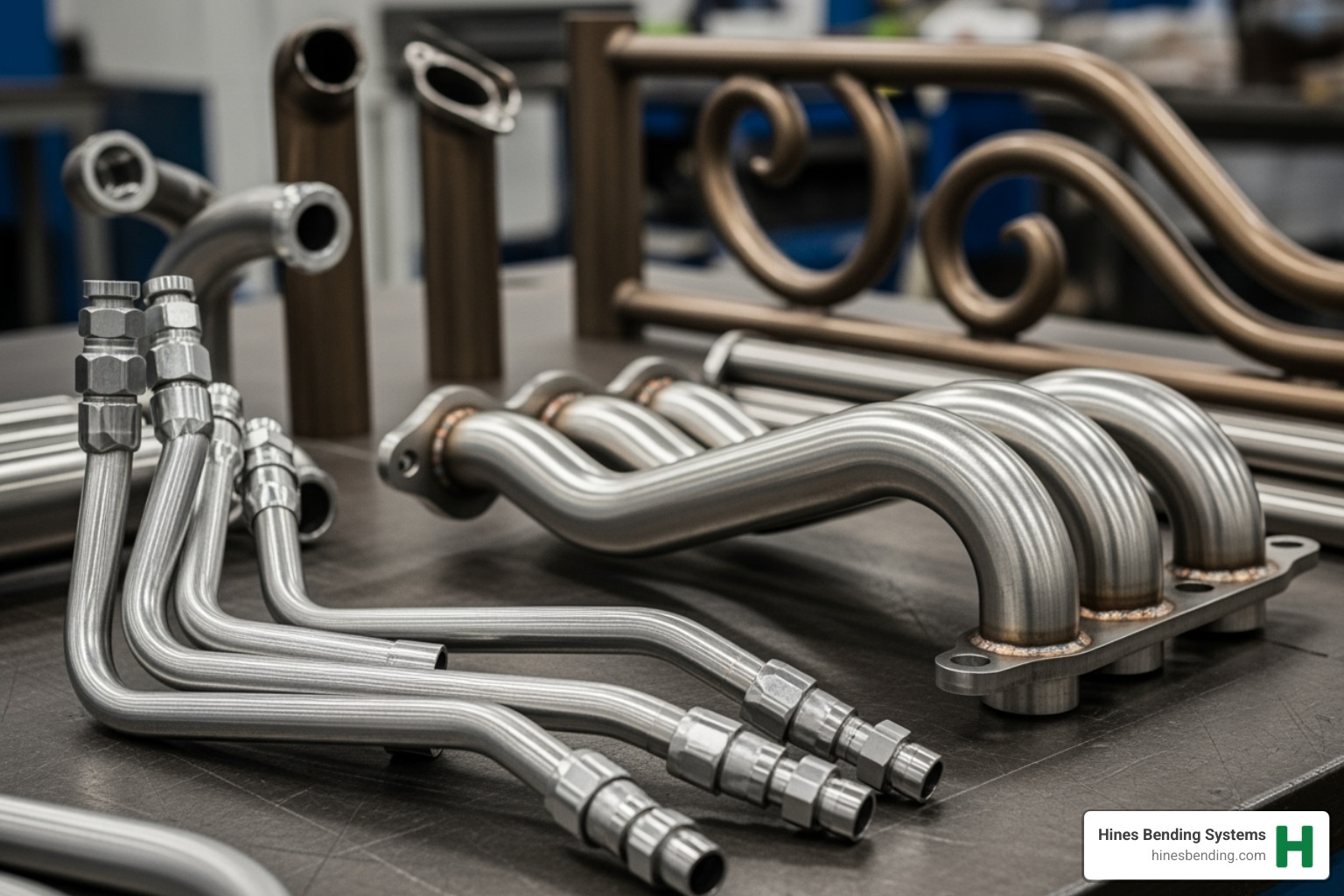 various products made with Hines CNC benders: aerospace components, automotive parts, and architectural structures - cnc tube bender machine