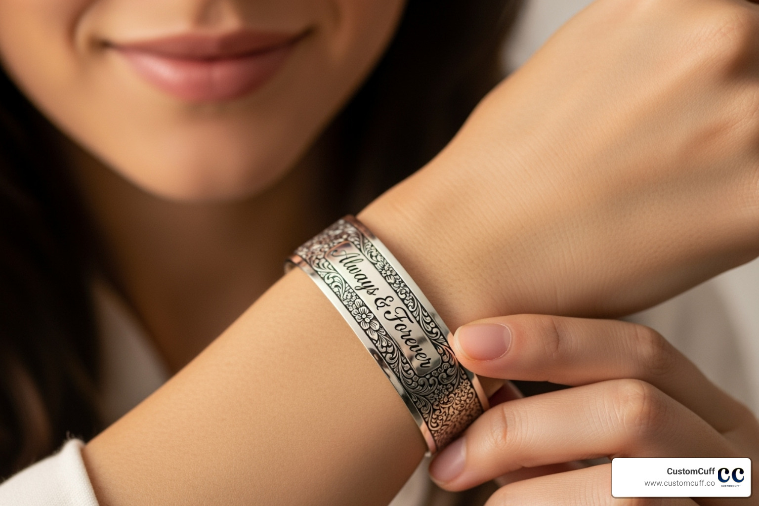 Person admiring their CustomCuff engraved bracelet. - custom engraved cuff bracelet Person admiring their CustomCuff engraved bracelet. - custom engraved cuff bracelet