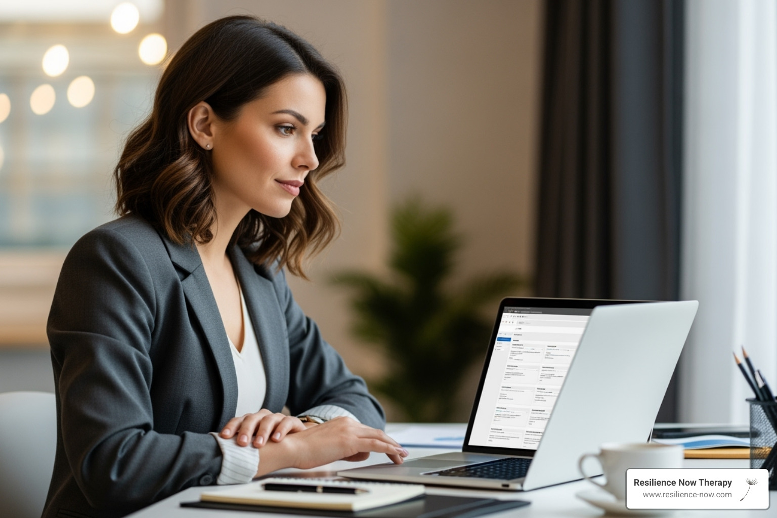 woman confidently looking at laptop, researching options - women's mental health Calgary