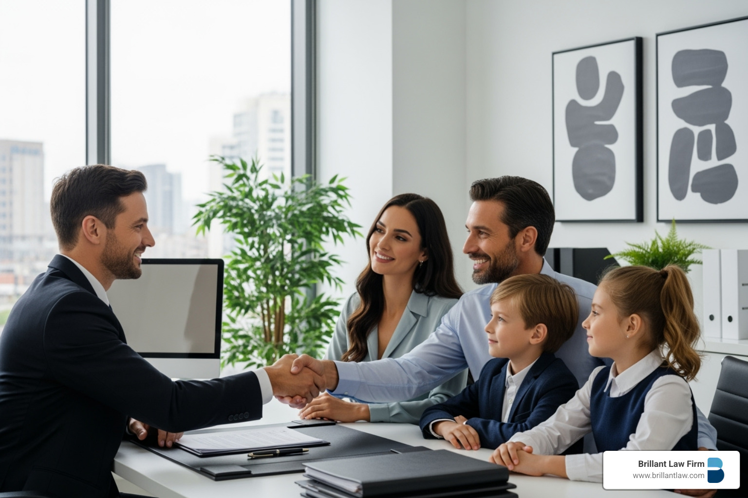 An estate planning lawyer in a suit meets with a smiling family of three at a large wooden table in a modern, bright office to discuss estate legal services.