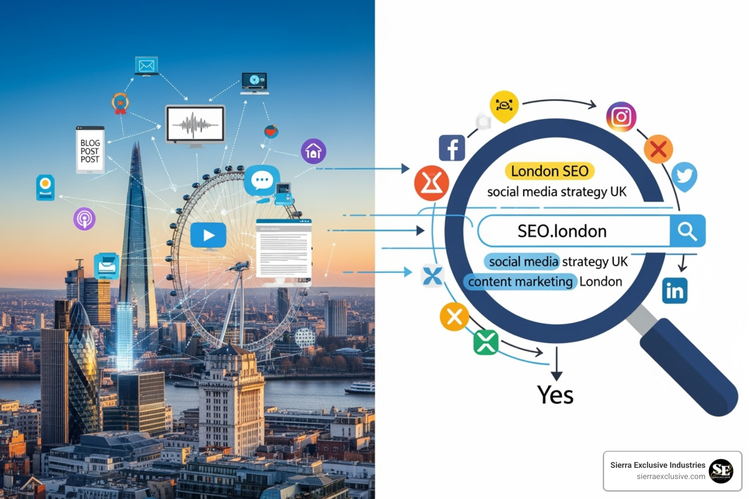 Smartphone showing social media apps with search bars, with a city skyline in the background.