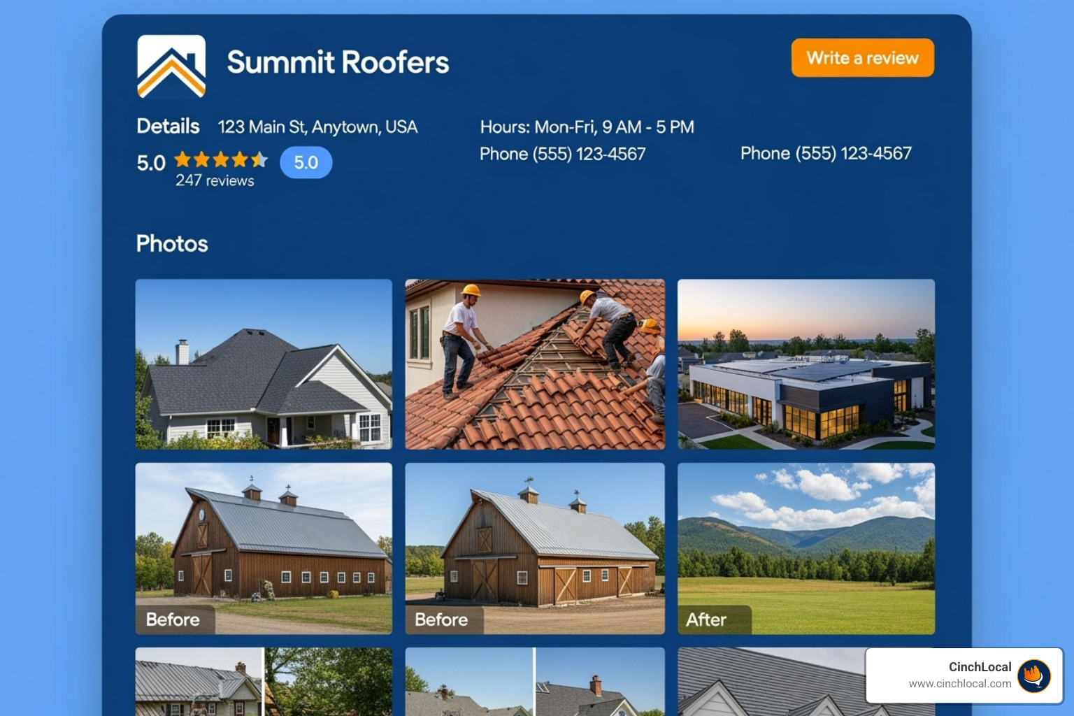 A perfectly optimized Google Business Profile for a roofing company, featuring a compelling business description, high-quality images, consistent NAP information, 5-star reviews, and clear service categories, all in brand colors #002f52 and #ff7e29 - website seo for roofing contractors
