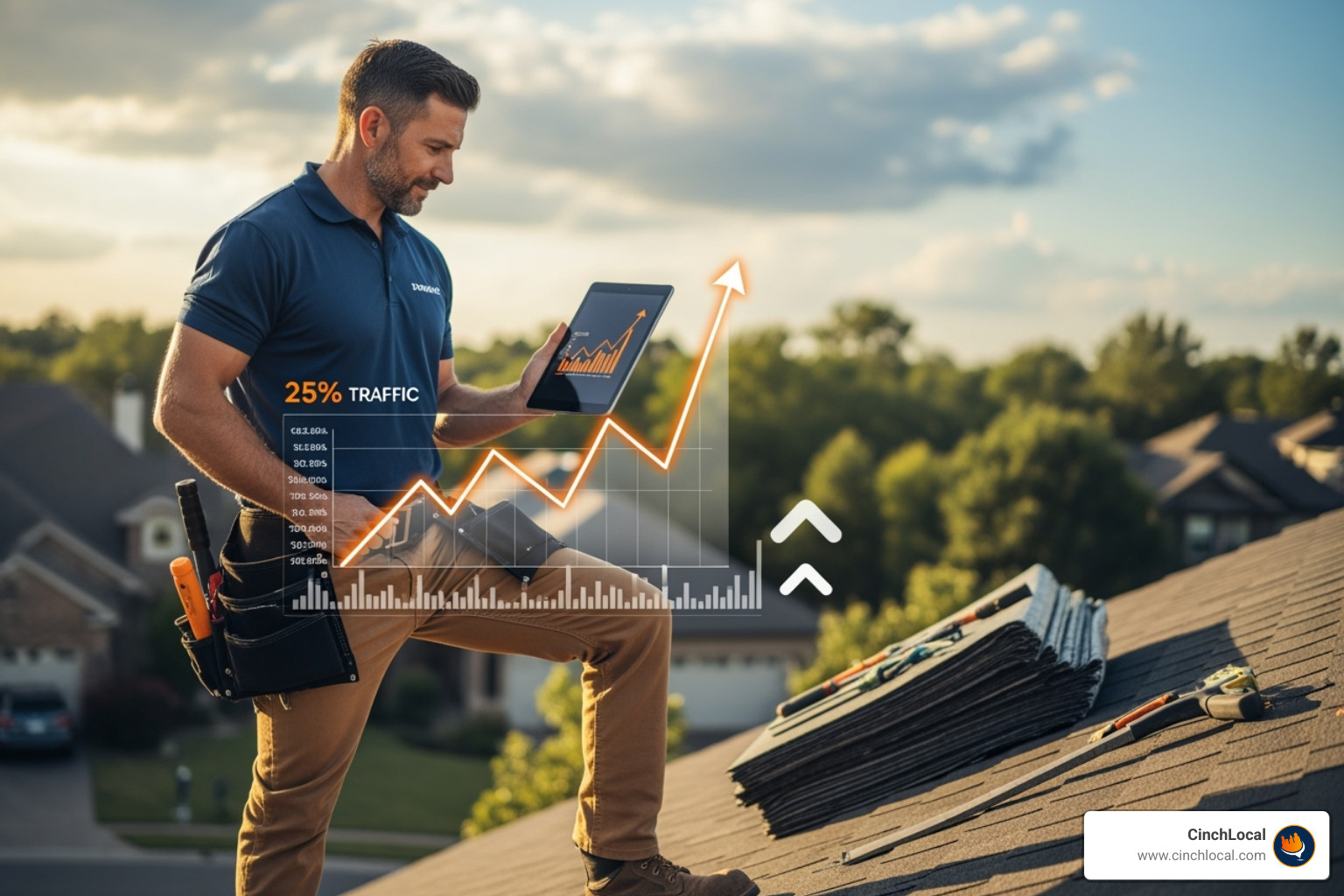 roofing contractor looking at a tablet showing a graph of increasing website traffic, with brand colors #002f52 and #ff7e29 - website seo for roofing contractors