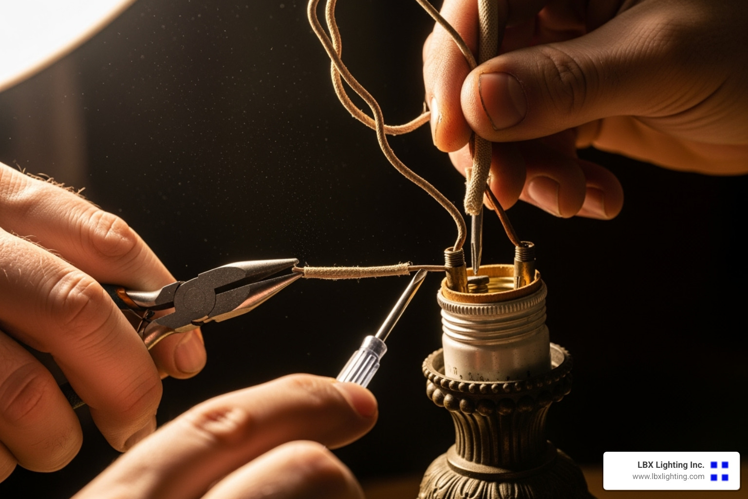Craftsman's hands carefully rewiring a vintage lamp - lamp repair houston