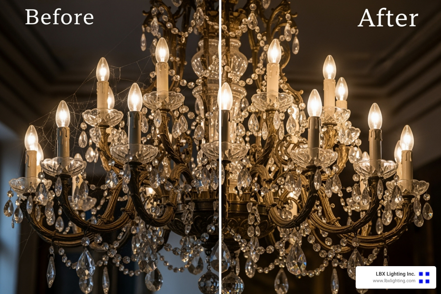 complex antique chandelier before and after restoration - lamp repair houston