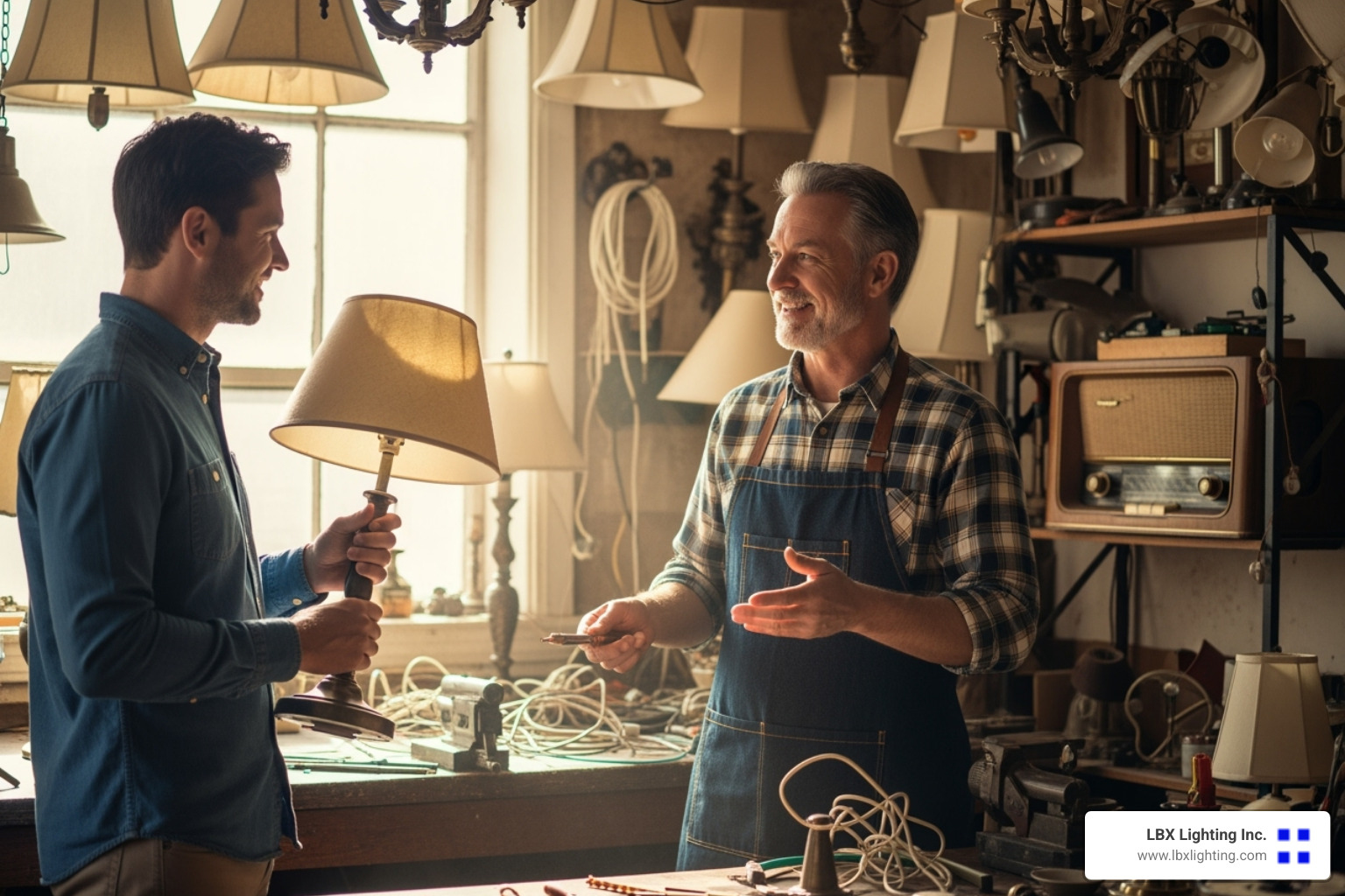 customer discussing a lamp with a friendly craftsman in a workshop - lamp repair houston