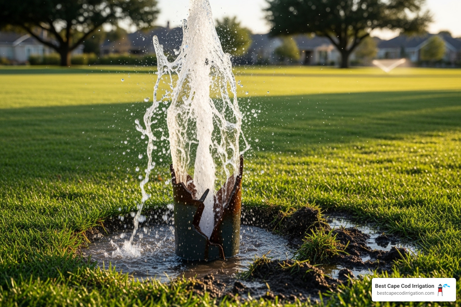 geyser-like leak from a broken sprinkler pipe - irrigation system maintenance geyser-like leak from a broken sprinkler pipe - irrigation system maintenance