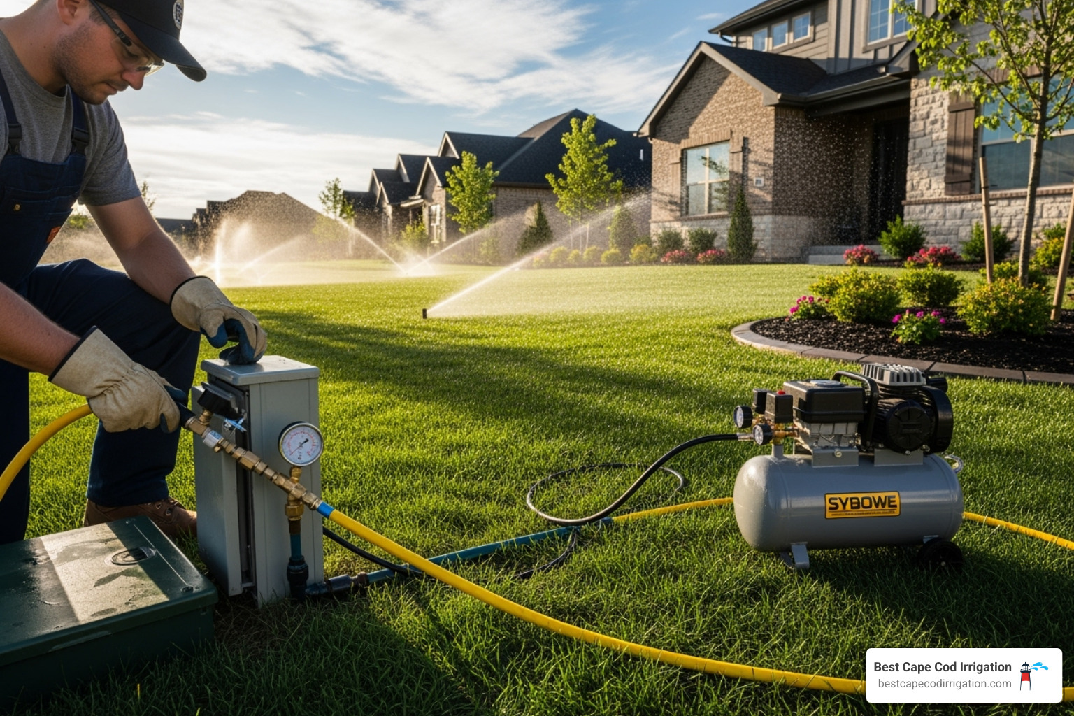 professional performing a sprinkler system blowout - irrigation system maintenance professional performing a sprinkler system blowout - irrigation system maintenance