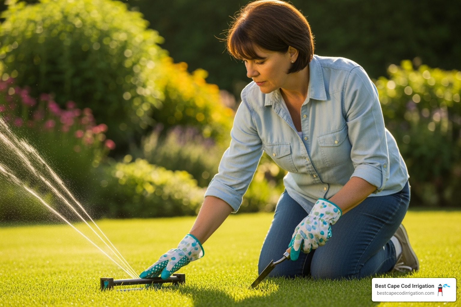 homeowner inspecting a sprinkler head - irrigation system maintenance homeowner inspecting a sprinkler head - irrigation system maintenance