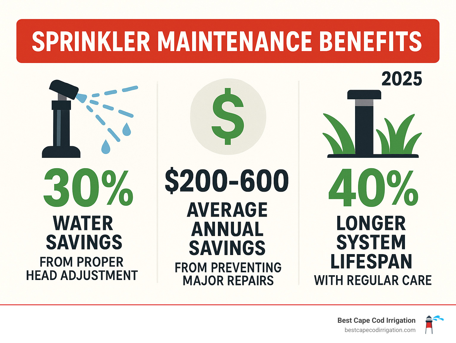 Infographic showing sprinkler maintenance benefits: 30% water savings from proper head adjustment, $200-600 average annual savings from preventing major repairs, and 40% longer system lifespan with regular care - irrigation system maintenance infographic Infographic showing sprinkler maintenance benefits: 30% water savings from proper head adjustment, $200-600 average annual savings from preventing major repairs, and 40% longer system lifespan with regular care - irrigation system maintenance infographic