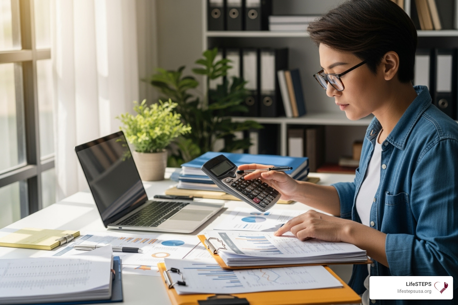 A person reviewing financial documents with a calculator, surrounded by papers and a laptop - housing loan