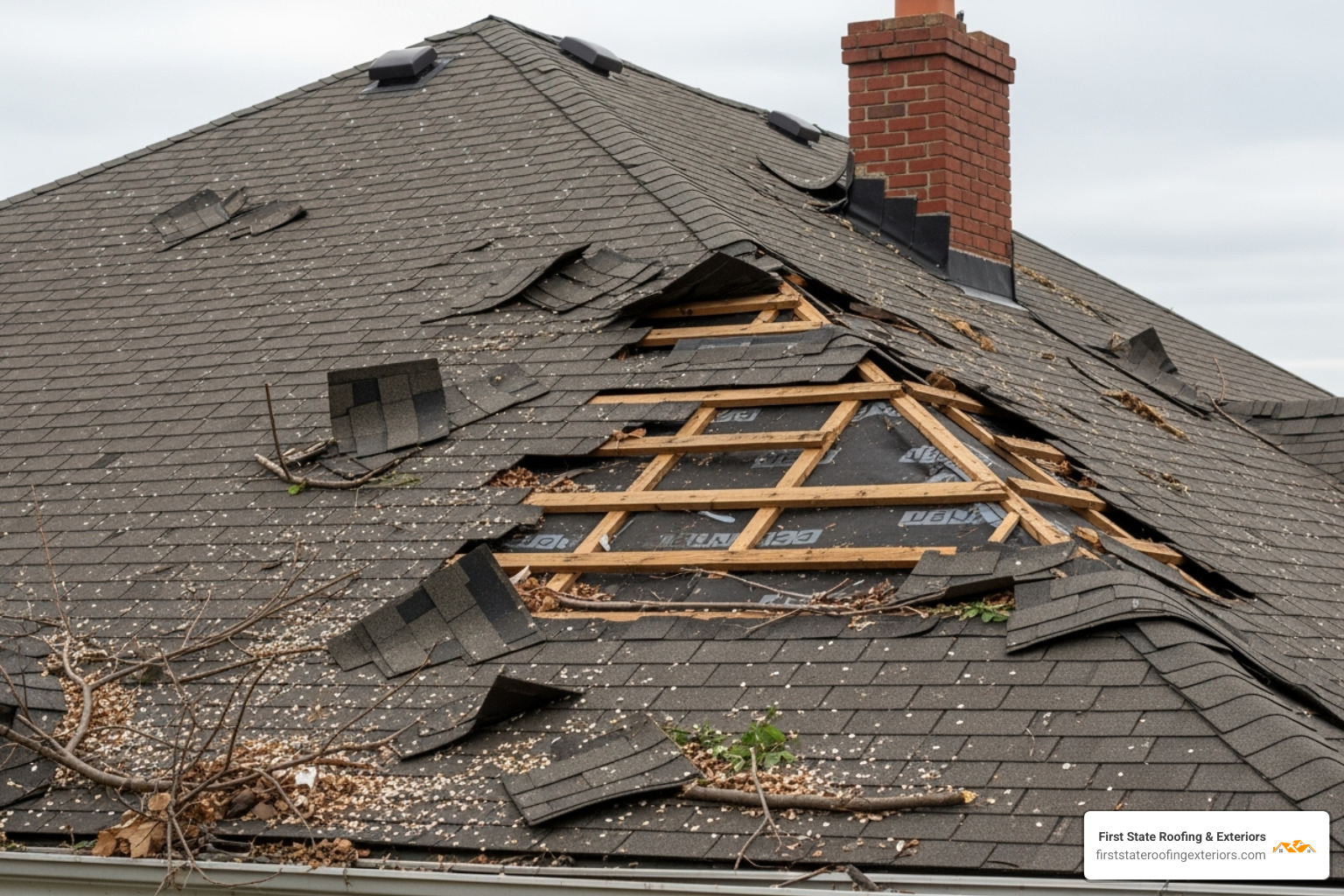 Damaged roof with curling and missing asphalt shingles - roofers and siding
