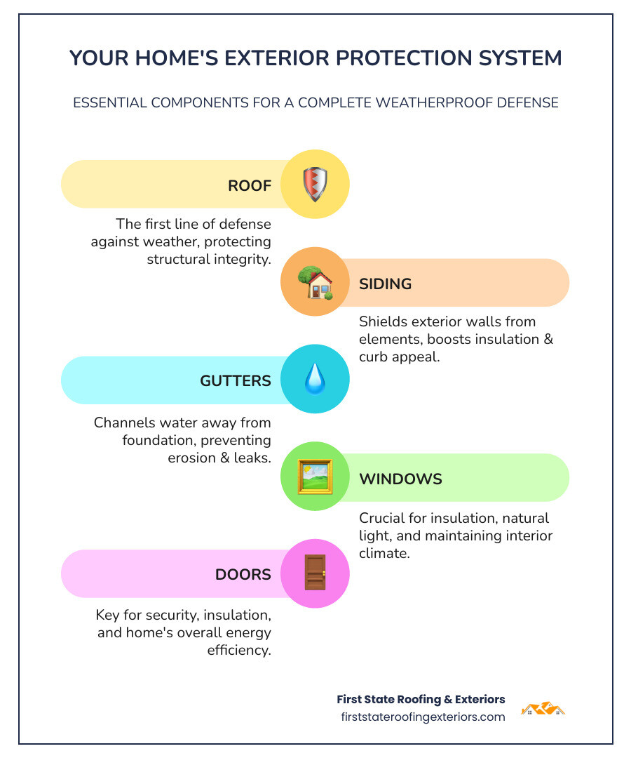 Comprehensive guide to home exterior protection showing roof, siding, gutters, and windows working together as a complete weatherproof system - roofers and siding infographic infographic-line-5-steps-colors