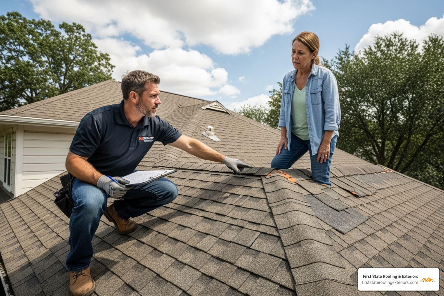 Professional contractor inspecting a roof with a homeowner - roofers and siding