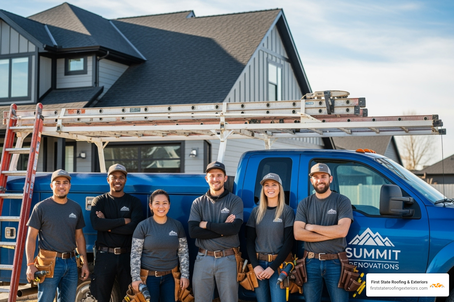 First State Roofing & Exteriors team smiling in front of a branded truck - roofers and siding