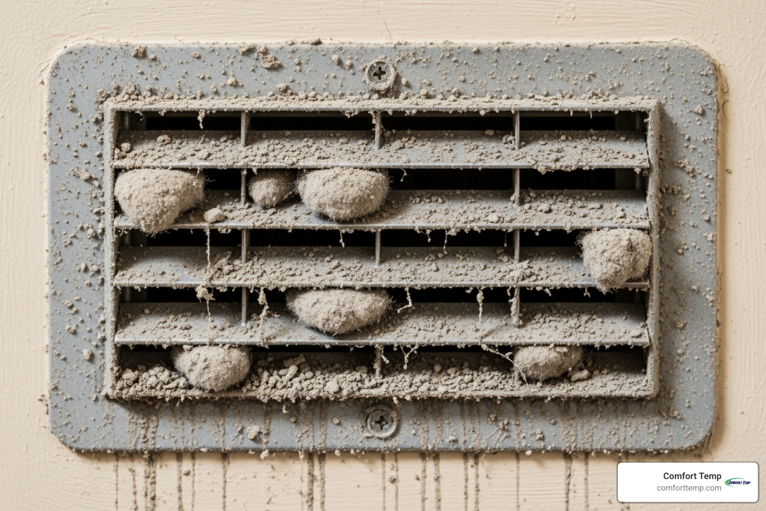 A visibly dirty air supply register with dust and debris around it - vent cleaning services A visibly dirty air supply register with dust and debris around it - vent cleaning services