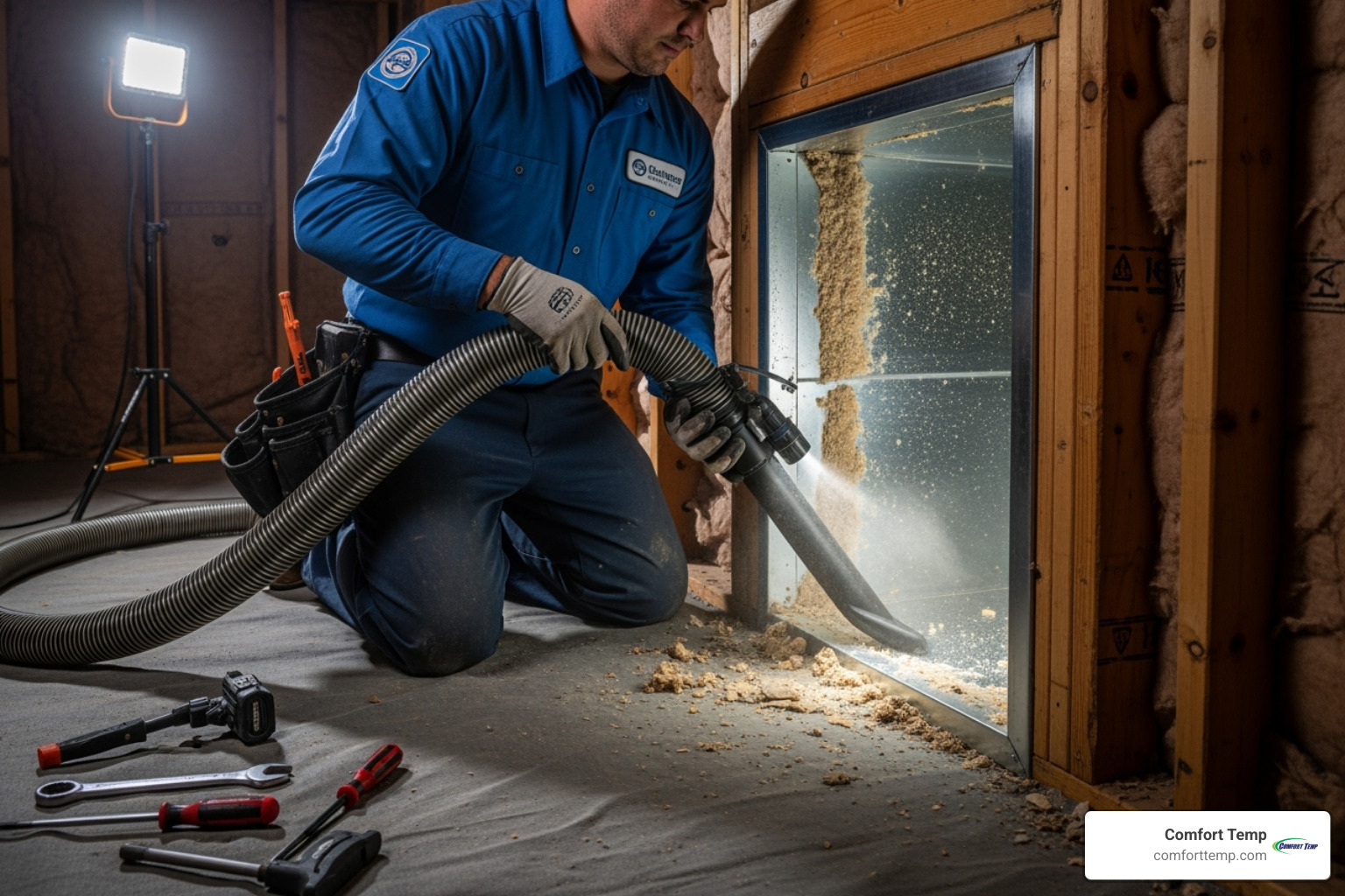 A uniformed technician using a high-powered vacuum hose on an air duct system - vent cleaning services A uniformed technician using a high-powered vacuum hose on an air duct system - vent cleaning services