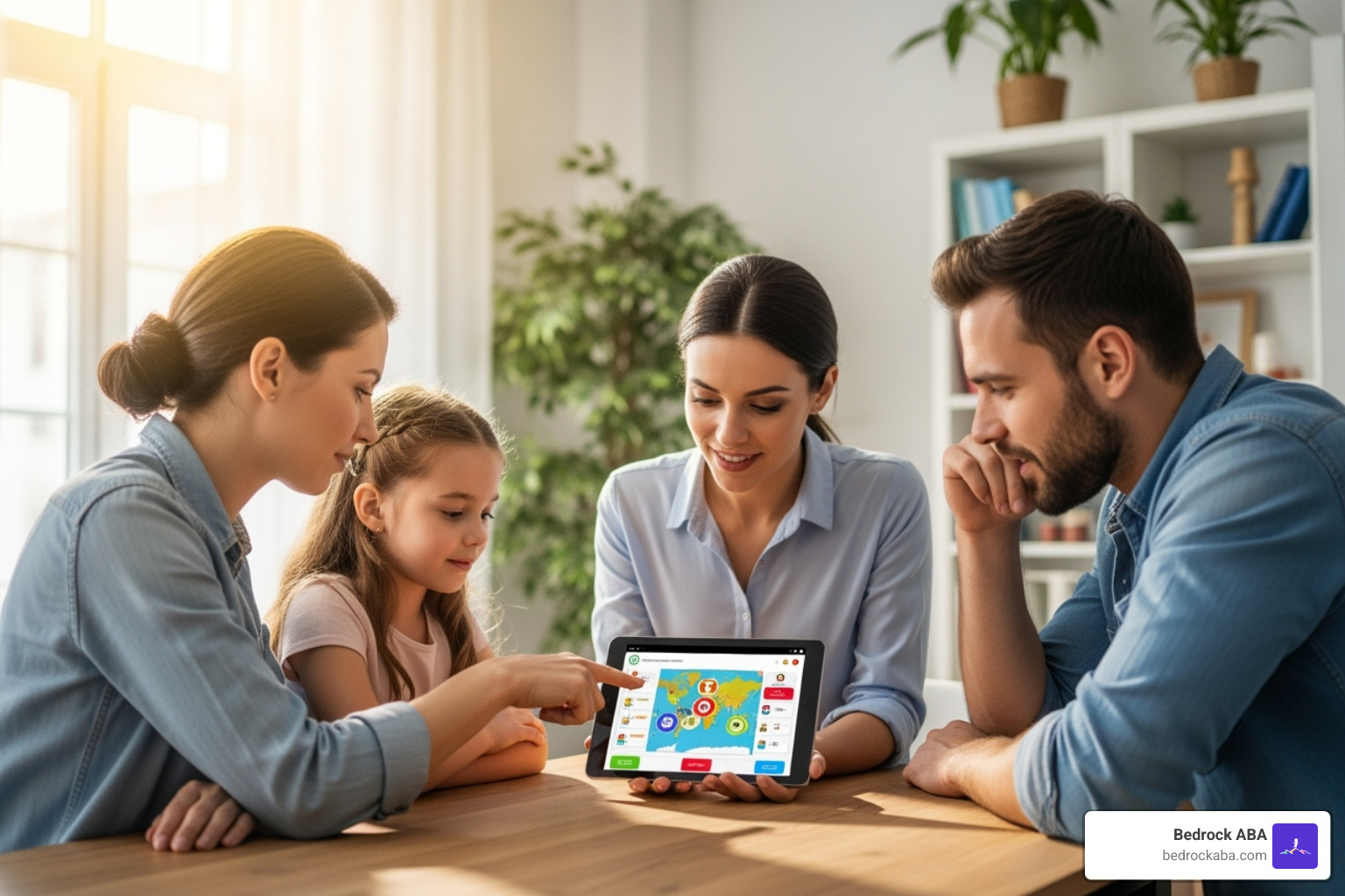 a family and a teacher collaborating over a tablet - aba therapy social skills