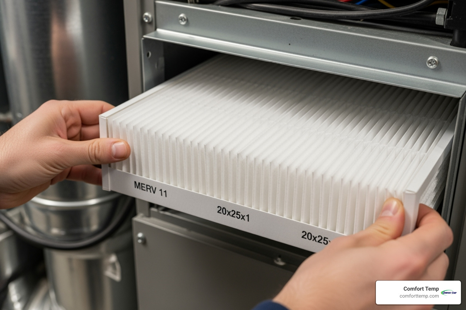 A high-quality, pleated HVAC air filter being installed - vent cleaning services A high-quality, pleated HVAC air filter being installed - vent cleaning services