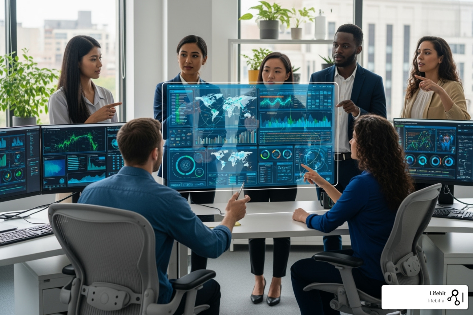 researchers collaborating around a virtual data dashboard - trusted research environments