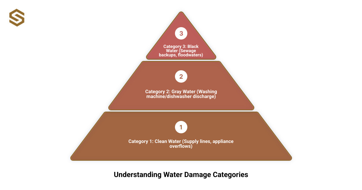 Infographic showing the three categories of water damage: Category 1 Clean Water from supply line breaks and appliance overflows, Category 2 Gray Water from washing machines and dishwashers, and Category 3 Black Water from sewage backups and flooding, with corresponding health risks and restoration protocols for each category - basement restoration water damage infographic 3_stage_pyramid