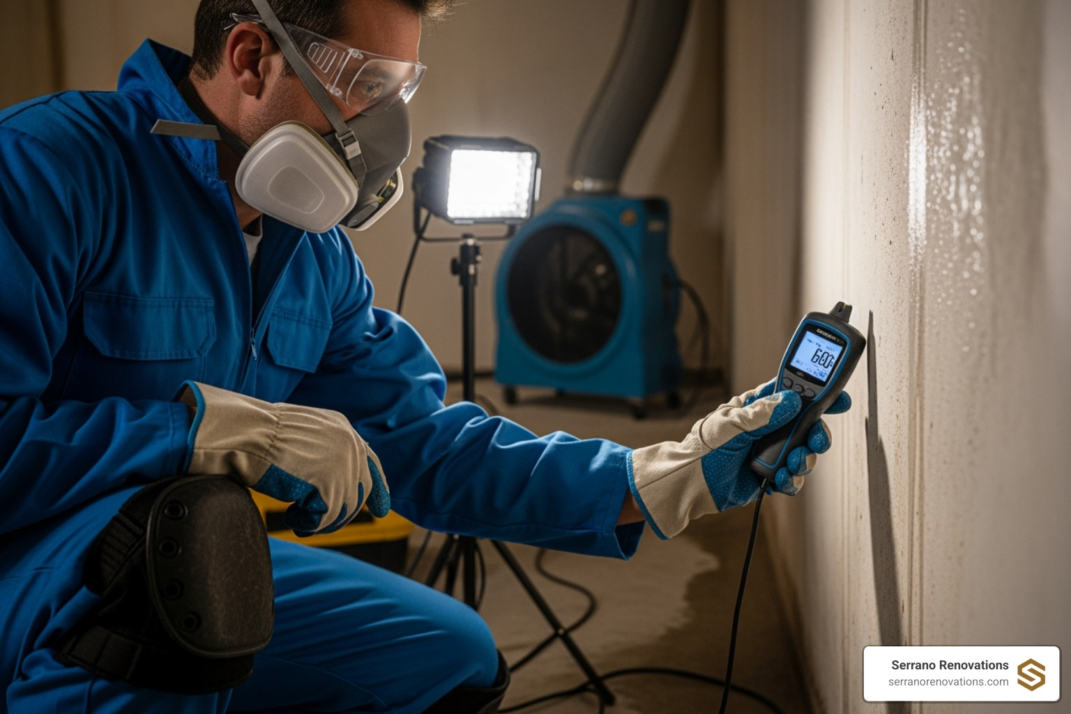 professional restoration technician using a moisture meter on a basement wall - basement restoration water damage