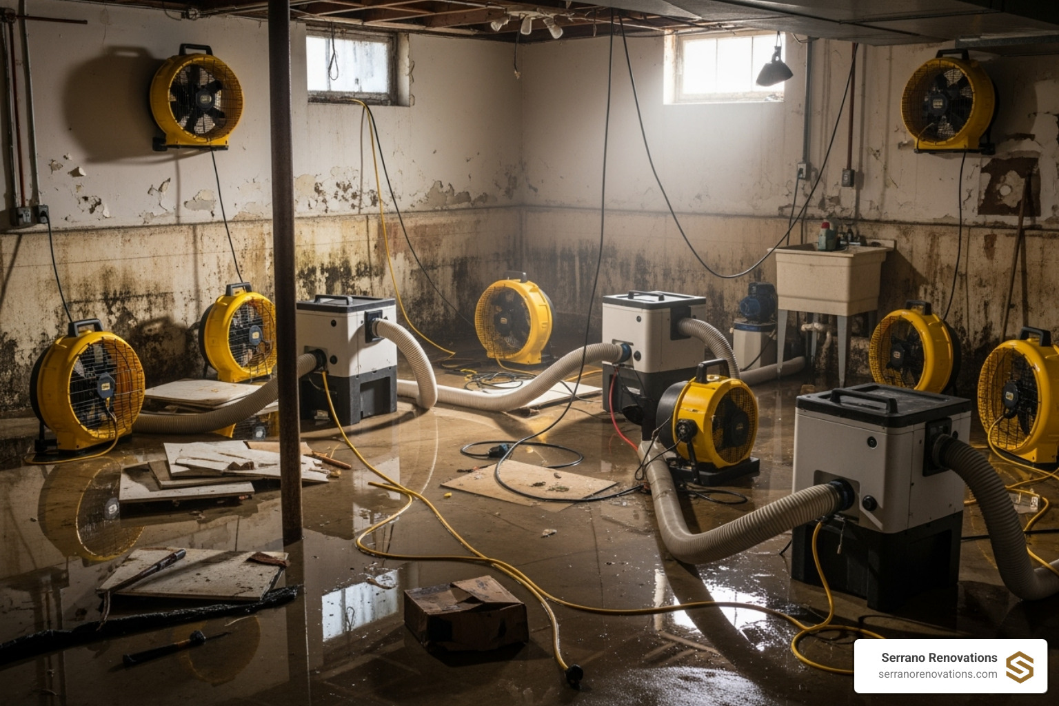 basement filled with industrial air movers and dehumidifiers - basement restoration water damage