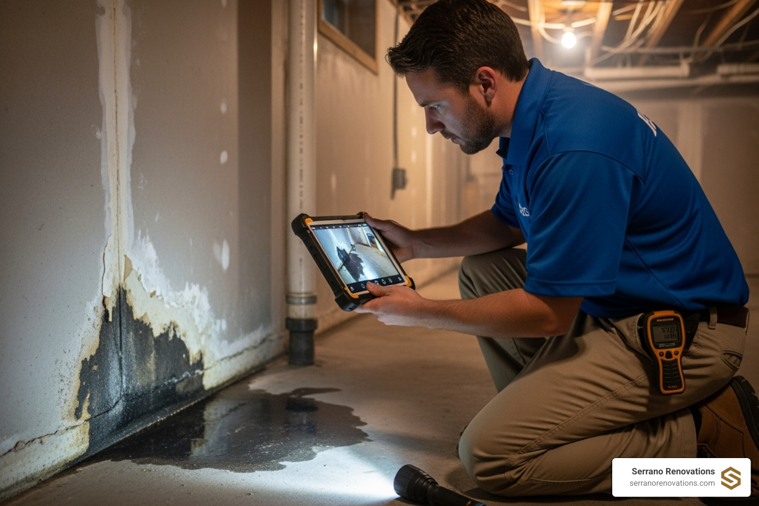 detailed damage assessment, with a technician taking photos on a tablet - basement restoration water damage