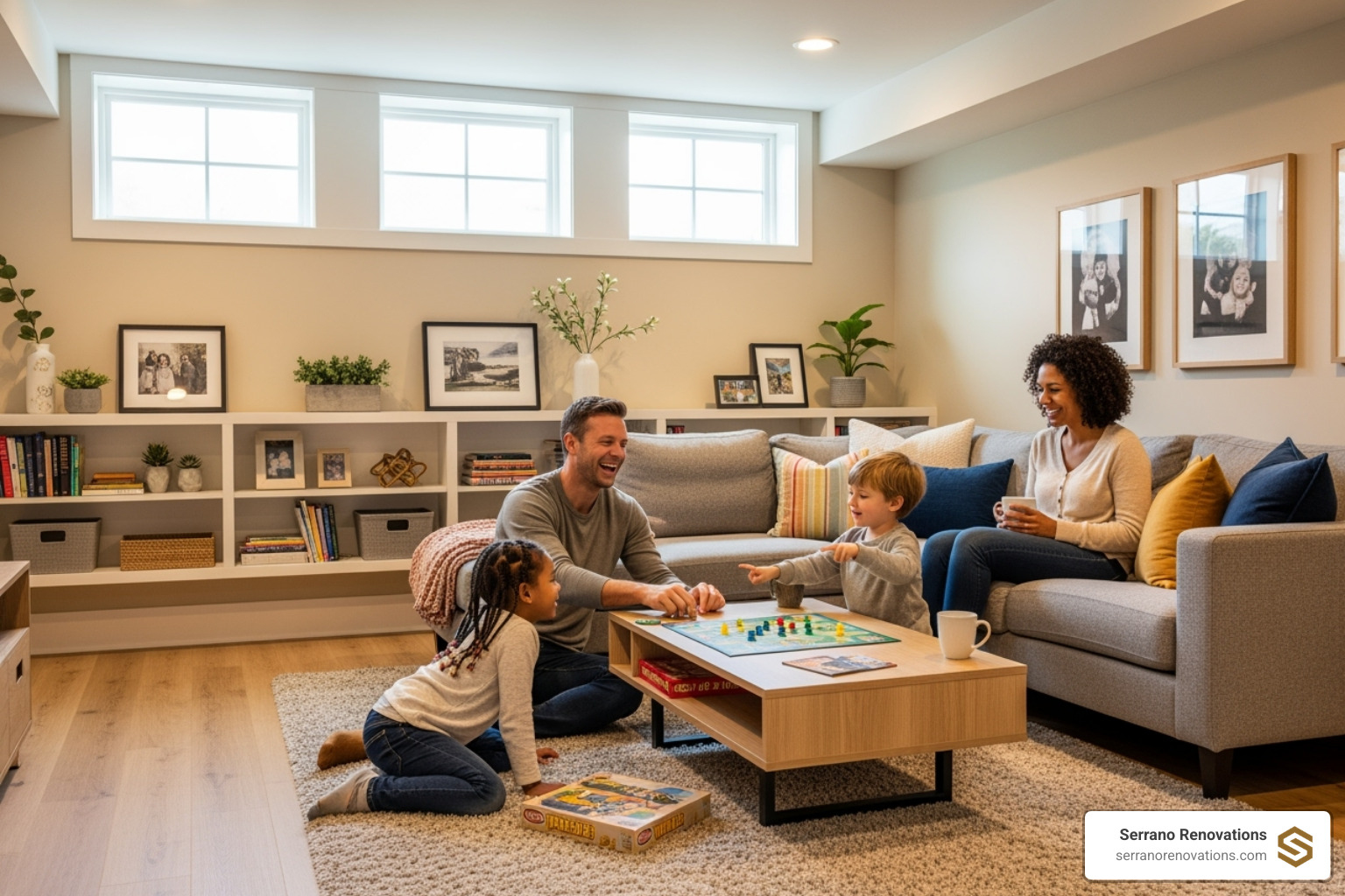 happy family enjoying their newly restored basement living space - basement restoration water damage