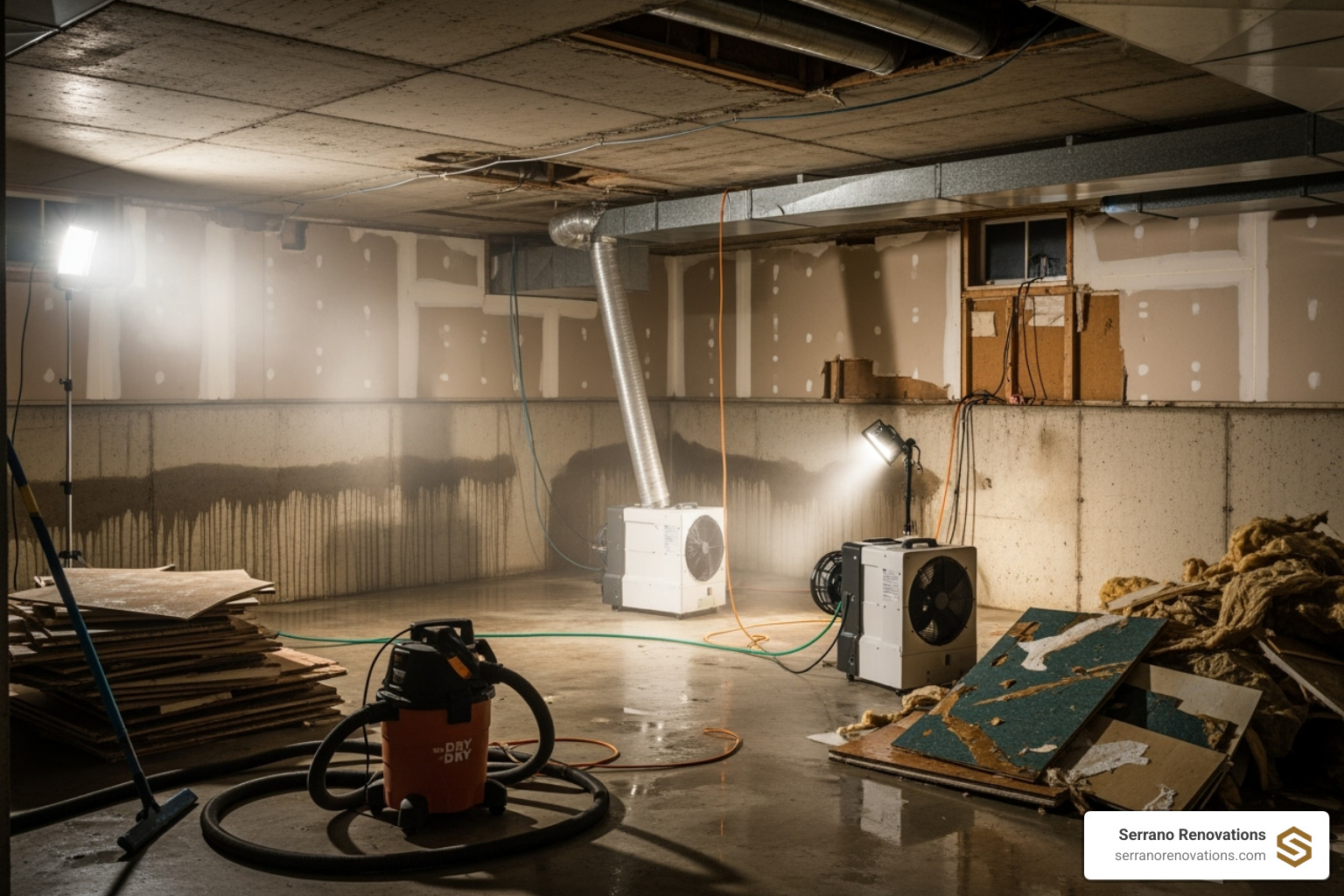 TABLE comparing a weak contract vs. a strong contract, showing key clauses like Scope of Work, Payment Schedule, Timeline, and Warranty - basement restoration water damage