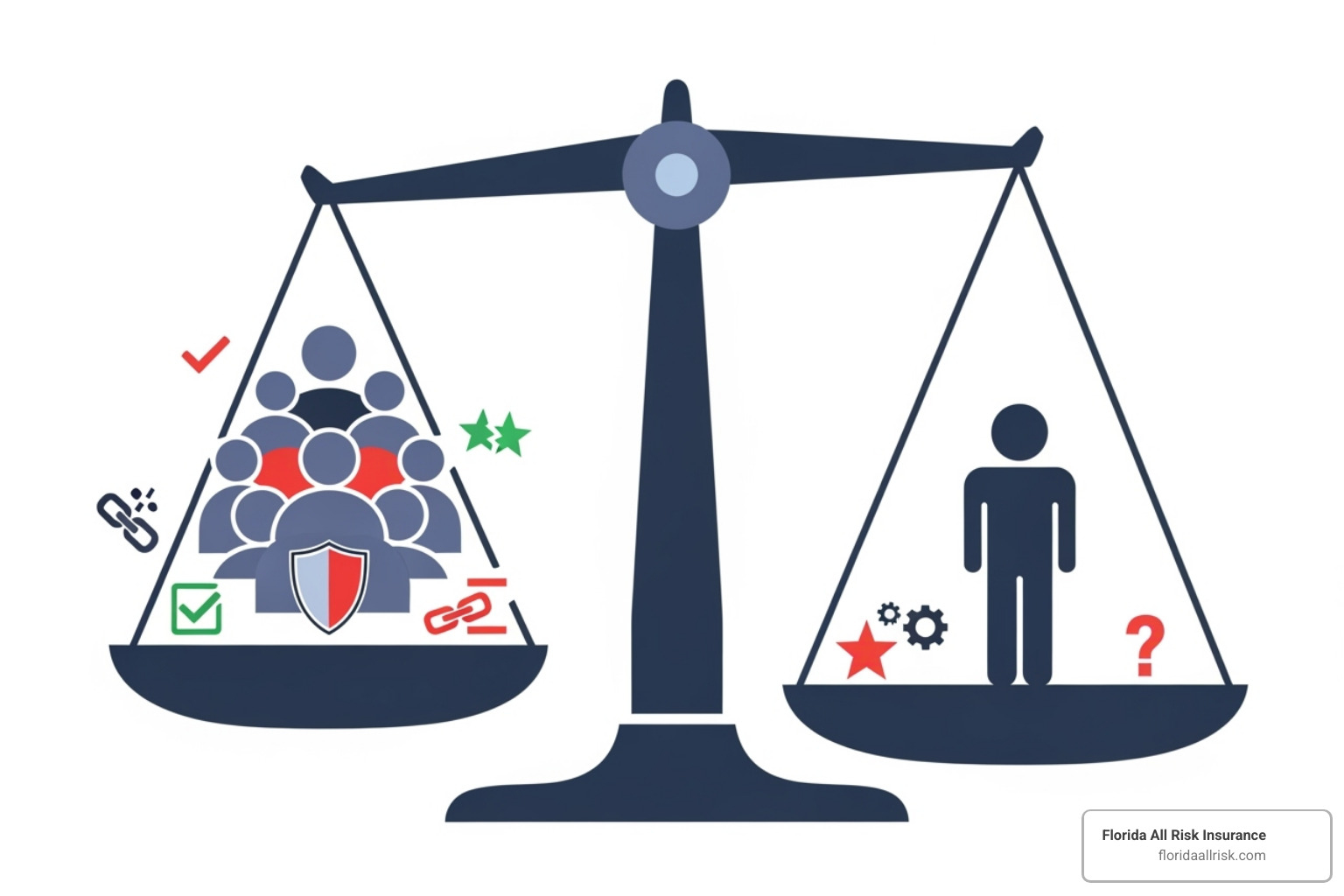 A balanced scale with "Group Plan" on one side and "Individual Plan" on the other, with icons representing pros and cons for each. - group health insurance vs individual plan